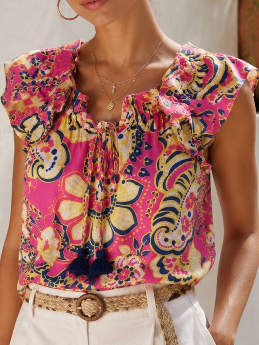 NWT Figue ‘Gianna’ Flutter Sleeve Top in Pink & Yellow “Paisley Floral” Size XS